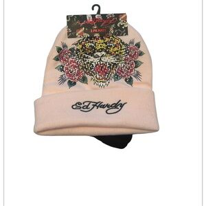 Ed Hardy Light Pink Beanie with Tiger and Floral Design